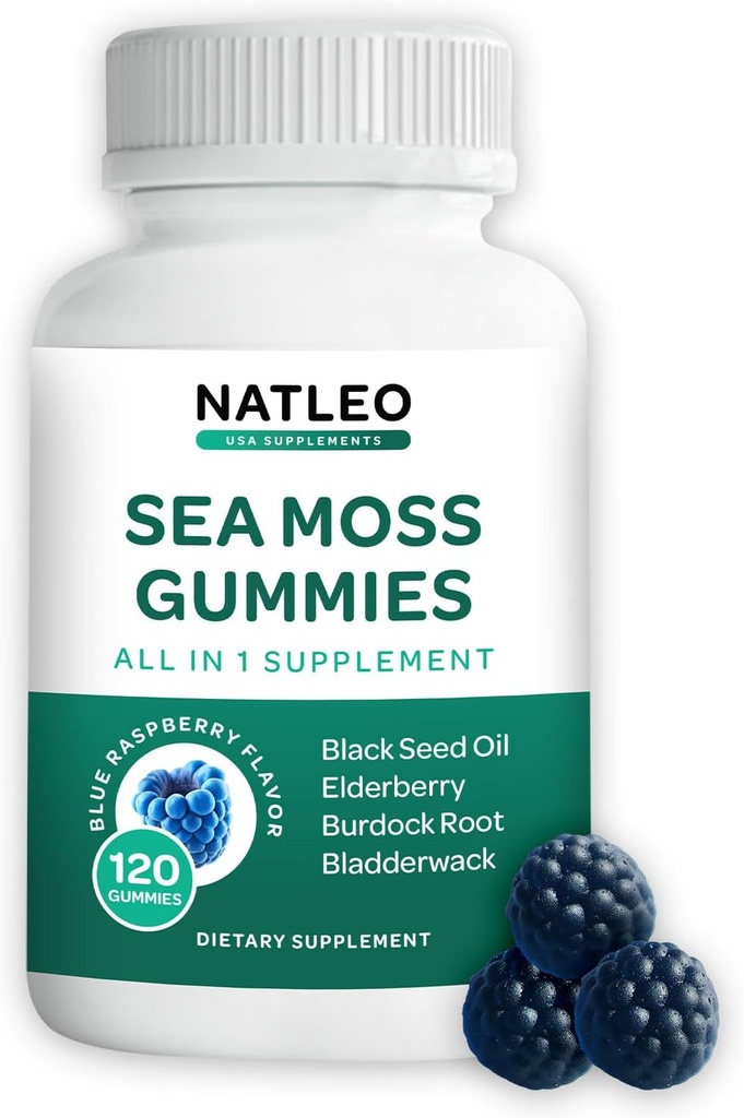 NATLEO USA Sea Moss Gummies with Elderberry, Black Seed Oil & Burdock Root - Vegan, Gluten-Free, Non-GMO, 1750 mg - Supports Daily Wellness - Made in USA (120 Count)