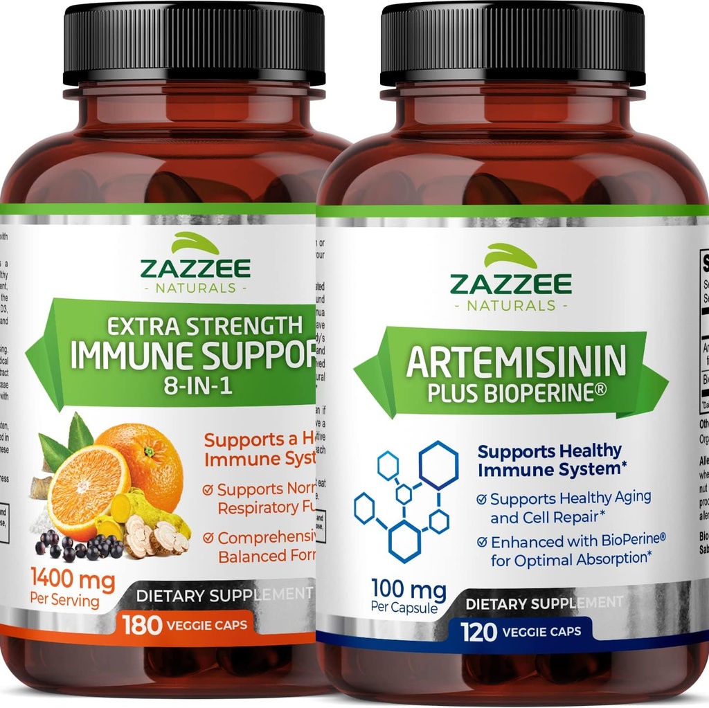 Zazzee Artemisinin Capsules ve Ekstra Kuvvet 8-in-1 Immune Support Capsules