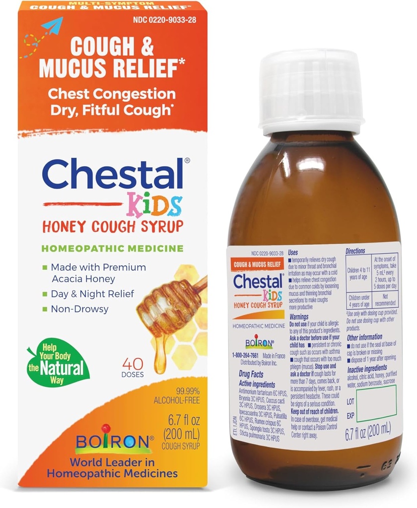 Boiron Chestal Honey Παιδικό Σιρόπι Βήχας για Ρινική και Θωρακική Συμφόρηση, Runny μύτη, και Sore Lroat Relief - 6.7 FL oz