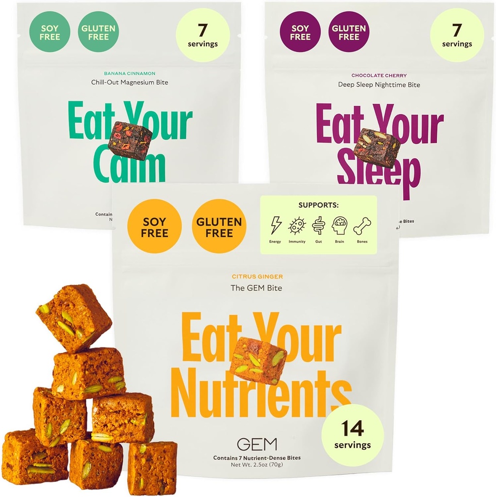 GEM Bite Complete Routine Diversity Pack with Daily Multivitamin (14 Bites), Chill-Out Calm (7 Chews) & Deep Sleep Aid (7 Chews) | Supports Gut, Skin, Brain, Bone, Sleep, Immunity