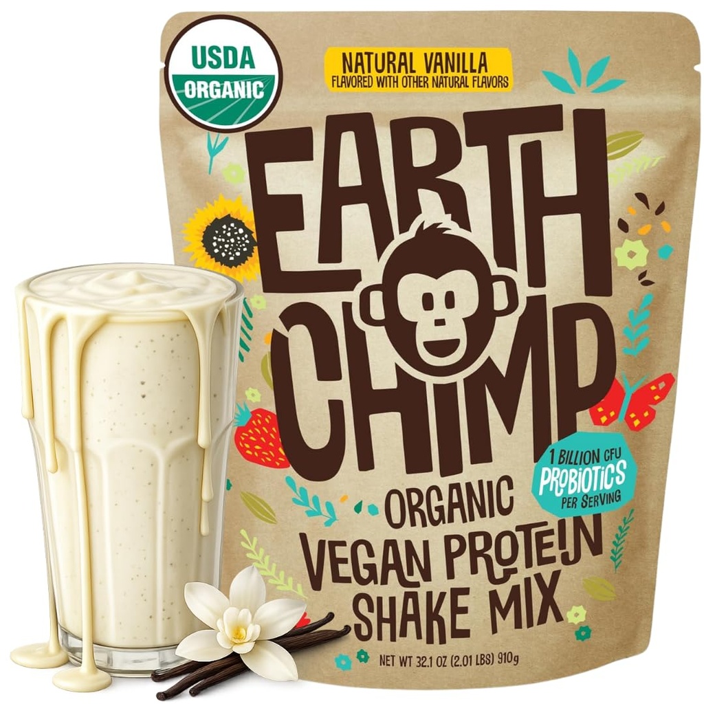 DünyaChimp Organik Vegan Protein Tozu - Probiyotikler - GMO, Süt Ücretsiz, Whey, Fabrika Kadınlar ve Erkekler için Temel Protein Tozu, Gluten Free - 26 Hizmet 32 Oz (Vanilla)