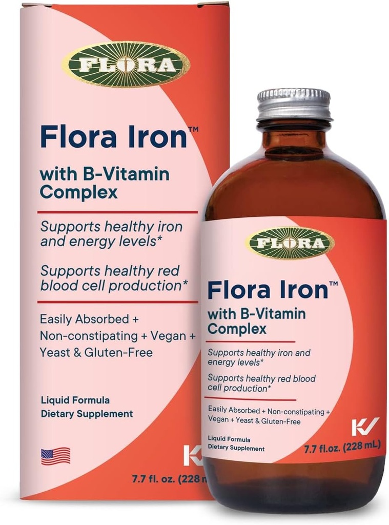 Flora Iron - Vegan Sıvı Demir B Vitaminleri ile Ek - Kırmızı Kan Hücre & Enerji Desteği - Yeast-Free & Gluten-Free - Delicious Fruit Juice Base - 7.7 fl. oz. Şişe cam şişe