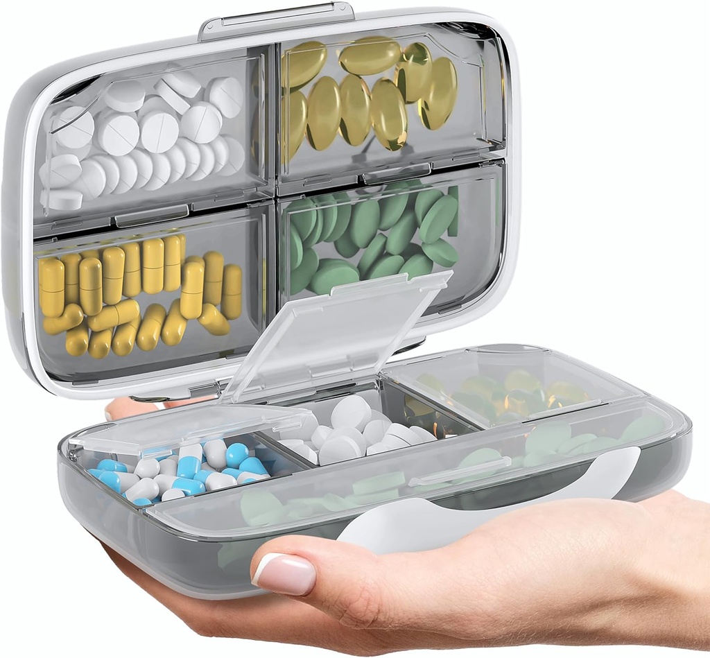 Seyahat Pill Organizer - Havaight Medicine Case for Traveling Portable Eczane Box with Etiketler Vitamin Konteyner 8 Karşılaştırmalı Tamam İlaçlar Büyük Kapasite Günlük (Grey)