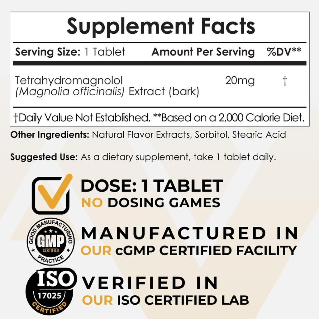 Nootropics Depot Tetrahidromagnolol Hızlı Dissolve Tabletler | 20 mg | Magnolia officinalis | Sağlıklı Inflammation Response, Mood, & Gastrointestinal Support | 60 Count