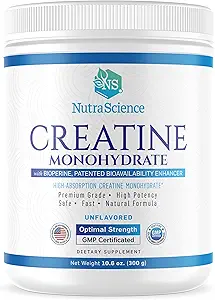 NutraScience Creatine Monohydrate σκόνη με BioPerine, Υποστηρίζει Lean μυϊκή ανάπτυξη και την αποκατάσταση, 60 εξυπηρετήσεις, 5000mg ανά υπηρεσία, χωρίς γεύση, GMP οδοντωτή, Vegan φιλικό, μη ΓΤΟ