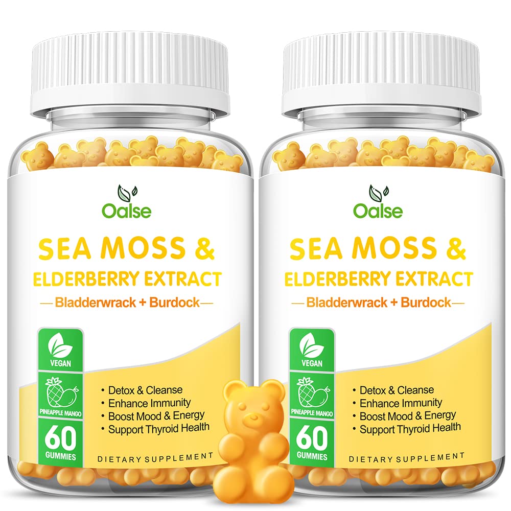 Sea Moss Gummies for Adults and Kids, 2000mg Ακατέργαστο Seamoss, Bladderwrack, Burdock Root, Elderberry, Pepper, βιταμίνη C & D3, Ο ψευδάργυρος υποστηρίζει το ανοσοποιητικό σύστημα και την ενίσχυση της ενέργειας (2-Pack)