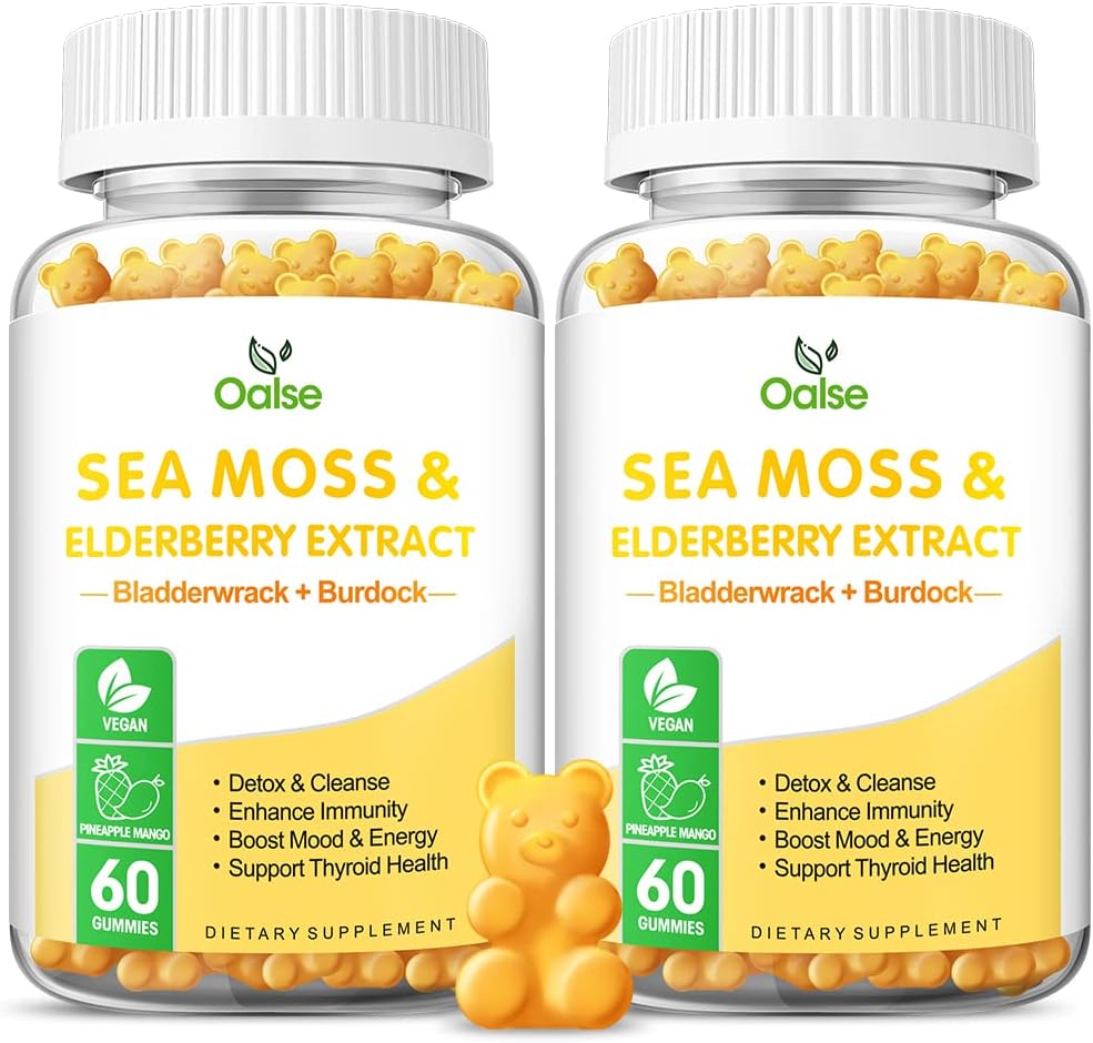 Sea Moss Gummies for Yetişkinler and Kids, 2000 mg Raw Seamoss, Bladderwrack, Burdock Root, Elderberry, Pepper, C & D3, çinko Supports Immune System & Boost Energy (2-Pack)