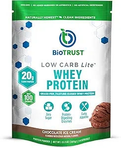 BioTrust Low Carb Lite, 20 Grams of Grass-Fed Whey Protein Isolate, 100 Calories, ProHydrolase Digestive Enzymes, Non-GMO, Free from Soy and Gluten, rBGH-Free (14 hizmet) (Chocolate Ice Cream)
