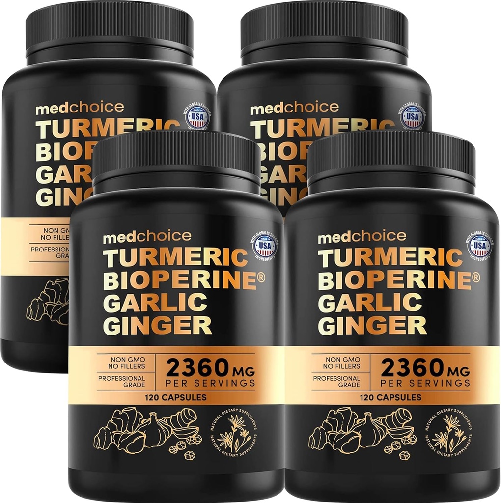 4-σε-1 Turmeric και σκόρδα συμπληρώματα με BioPerine – 2360mg Turmeric Ginger Ρίζα κάψουλες με σκόρδο – Υψηλής ισχύος βοτανική ανάμειξη (120 ct, συσκευασία των 4)