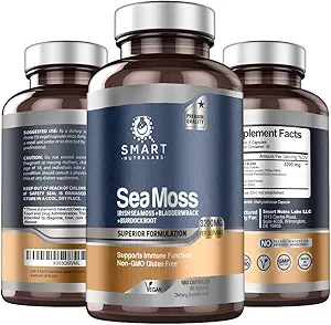 Smart Nutra Labs Organic Sea Moss 3200MG Per Serving- 180 Vegan Capsules- Irish Sea Moss, Bladderwrack and Burdock Root- Premium Quality Supplement for Immune Support and Overall Health