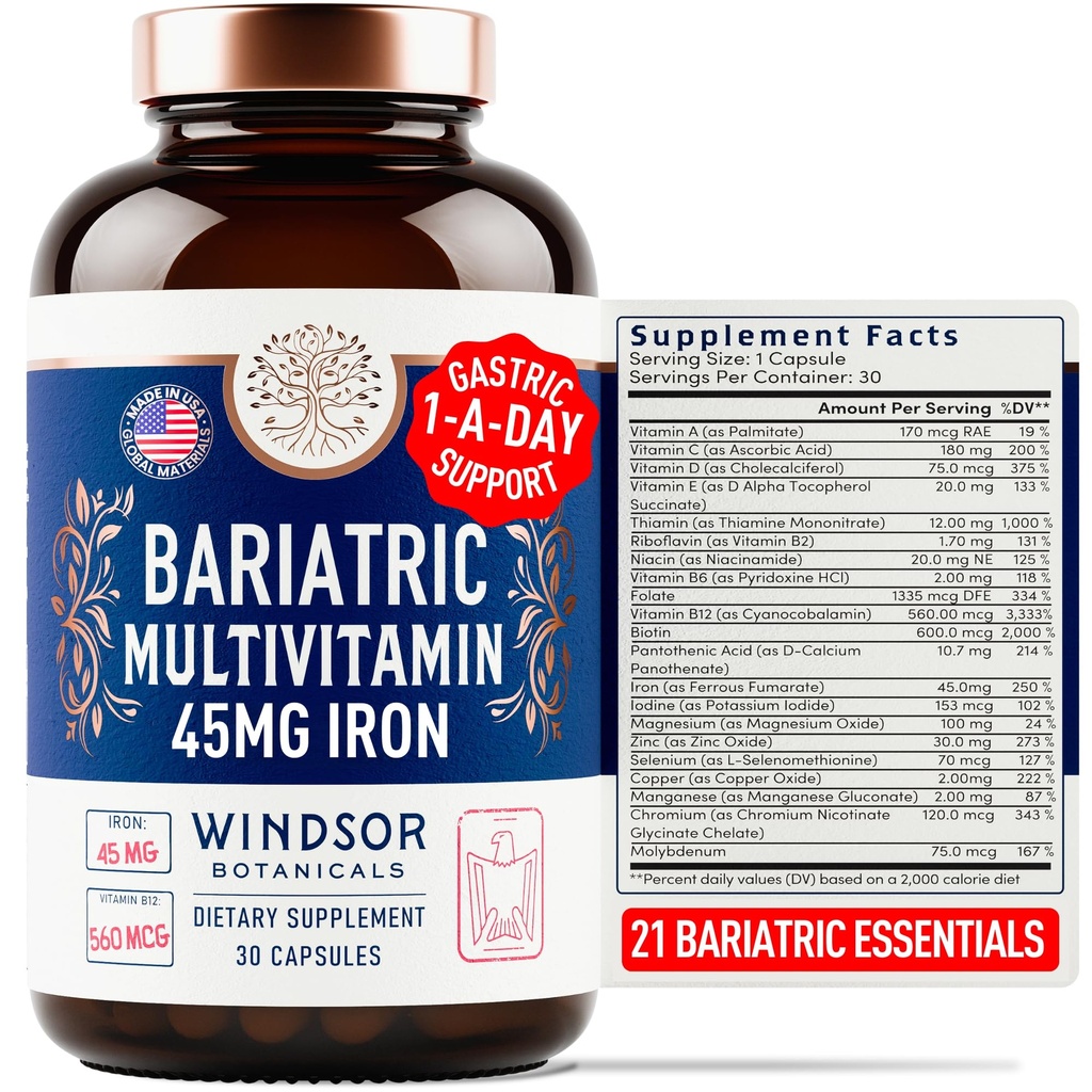 Demir ile Bariatrik Multivitamin - 45 mg Demir Kolay Swallow, Kadınlar ve Erkekler için Bir Gün Bariatrik Vitaminler - Gaztrik Kol Kurtarma Vitaminleri - 30 Caps