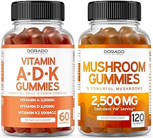 ADK Vitamin D3 K2 (60 Gummies) D & K - 10 Vegan Supplement with Raspberry Flavor and Mushroom 10 in 1 Mix (120 Gummies) Focus & Brain Mushroom Supplement for Yetişkinler - Vegan Safe & Made in USA