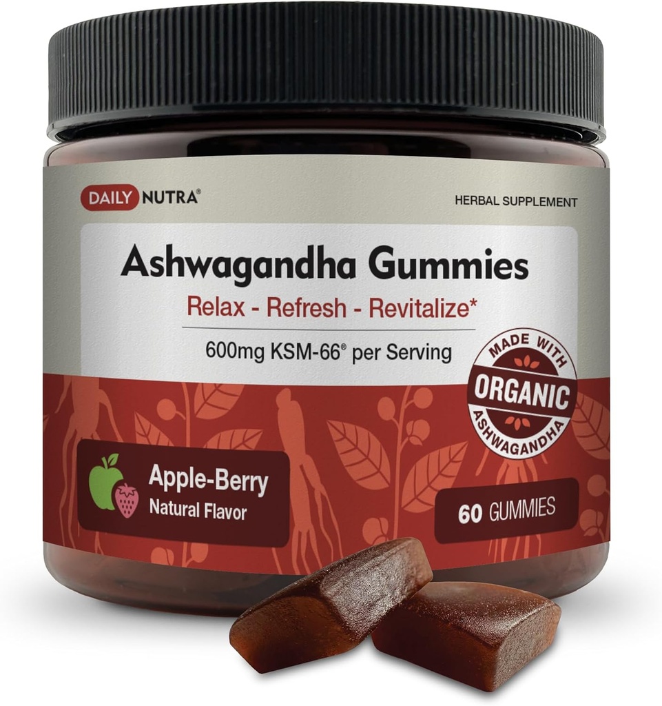 KSM-66 Ashwagandha Gummies - Servis başına 600 mg Organik Kökleri - Doğal Apple-Berry Flavor | Destekler Rahatlama, Focus, & Energy (60 Gummies)