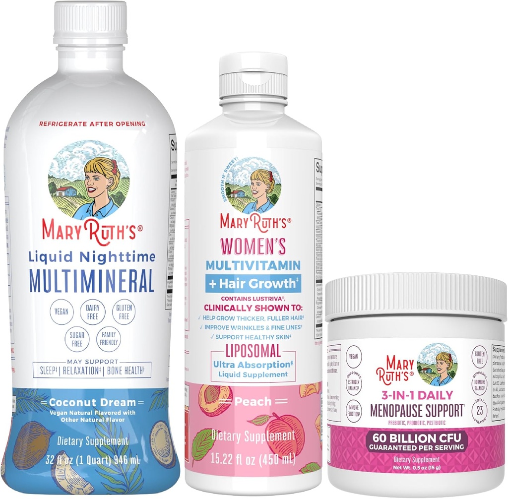 MaryRuth Organics Γυναικεία ΠολυβιταμίνηLustriva ανάπτυξη μαλλιών, Εμμηνόπαυση Υποστήριξη, & Καθημερινή Liquid Multimineral, 3-πακέτο για την υποστήριξη μαλλιών, την υγεία του δέρματος, την ανοσοποιητική υποστήριξη, την υγεία των ούλων, και την υποστήριξη του ύπνου
