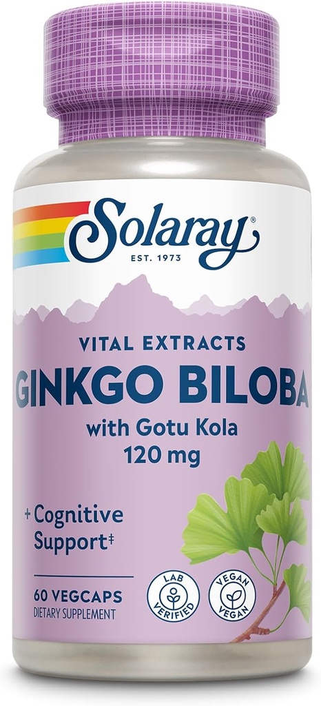 SOLARAY Ginkgo Biloba Extract with Gotu Kola - Κάψουλες Ginko Biloba για την υποστήριξη της υγείας του εγκεφάλου - Vegan, Εργαστήριο Επαληθευμένο, 60 ημερών εγγύηση - 60 εξυπηρετούν, 60 VegCaps (60 VegCaps)