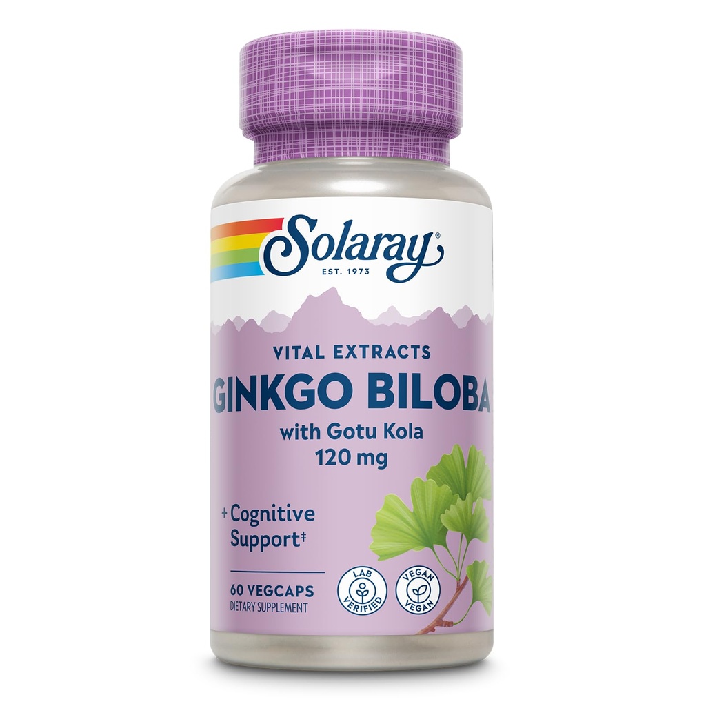 SOLARAY Ginkgo Biloba Extract with Gotu Kola - Ginko Biloba Capsules for Brain Health Support - Vegan, Lab Doğrulanmış, 60 Günlük Garanti - 60 Hizmet, 60 VegCaps (60 VegCaps)