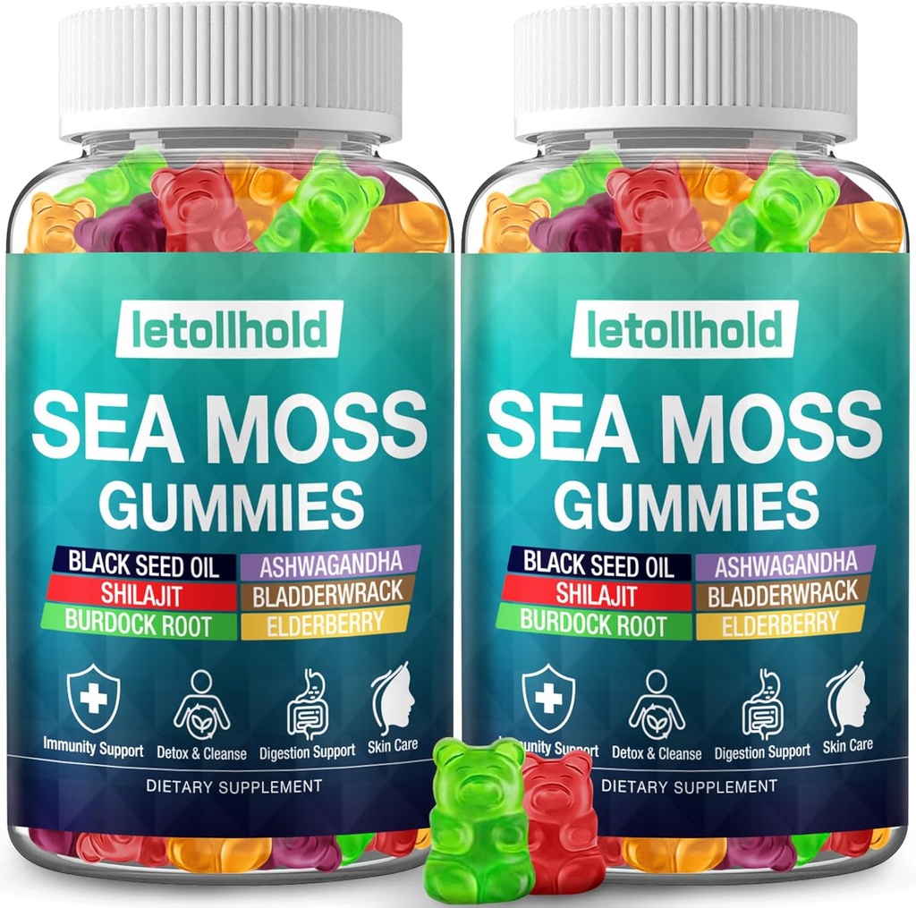 Sea Moss Gummies - Ιρλανδοί Moss Gummies Advanced for Adults with Ashwagandha Bladderwrack & Burdock Root for supports Immune,Energy - 60 Vegan Gummy,2PCS