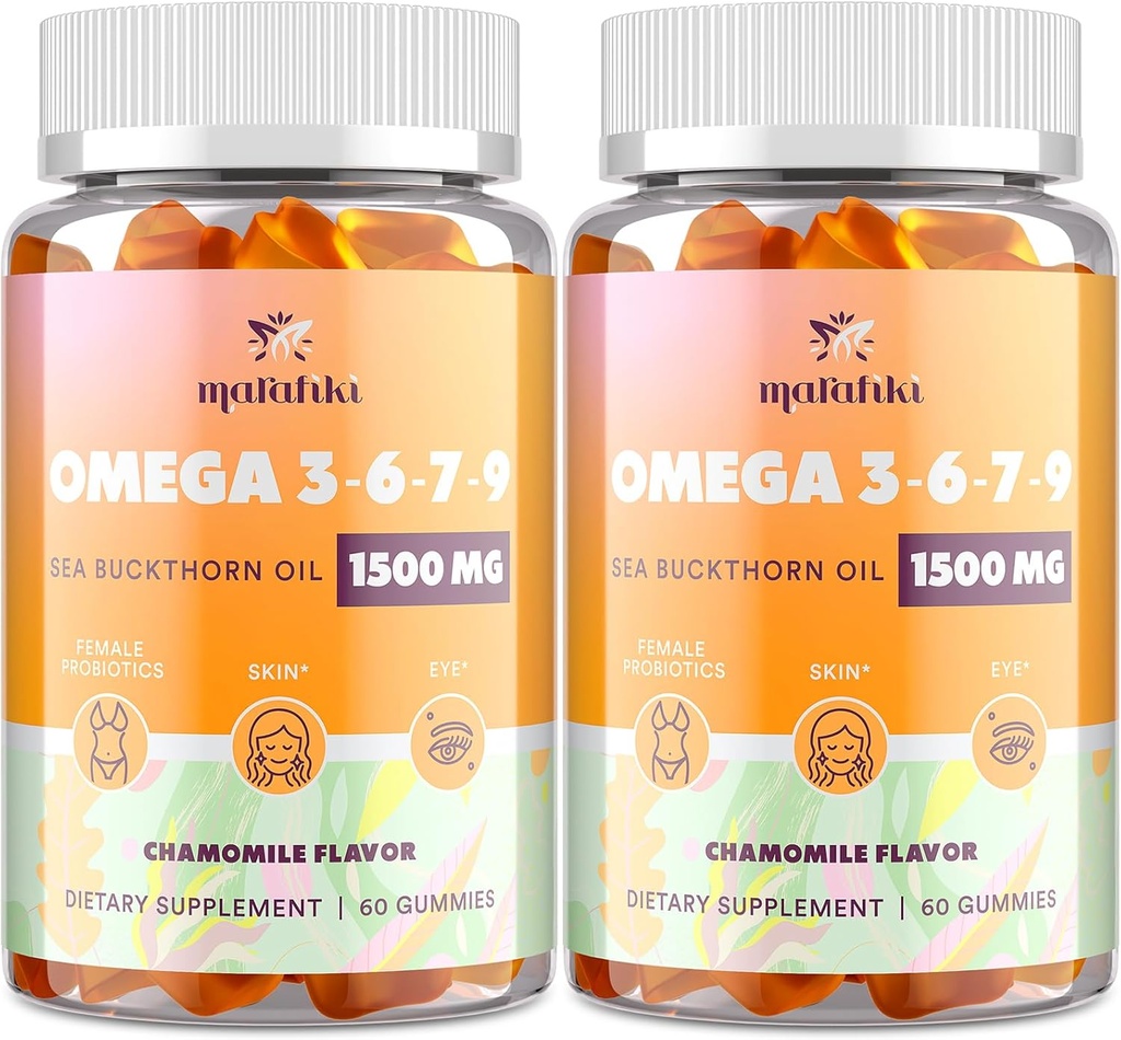 Omega-7 Sea Buckthorn Oil Gummies, Omega 3 6 7 9 Συμπλήρωμα για τις γυναίκες, έλαιο λιναρόσπορου, Βιταμίνες E, A & Probiotics - Δέρμα, μάτι & ξηρότητα, γεύση χαμομηλιού - 120 Gummies