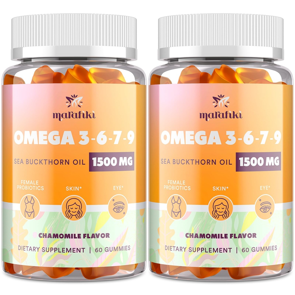 Omega-7 Sea Buckthorn Oil Gummies, Omega 3 6 7 9 Supplement for Women, Flaxseed Oil, Vitamins E, A & Probiyotiks - Skin, Eye & Kuruness, Chamomile Flavor - 120 Gummies