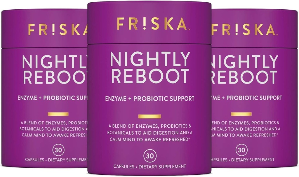 FRISKA Nightly Reboot Enzyme και Probiotics συμπλήρωμα, προωθεί την καλύτερη πέψη και τον ύπνο, υποστηρίζει την υγεία των ούλων για άνδρες και γυναίκες, μελατονίνη, χαμομήλι, 90 κάψουλες