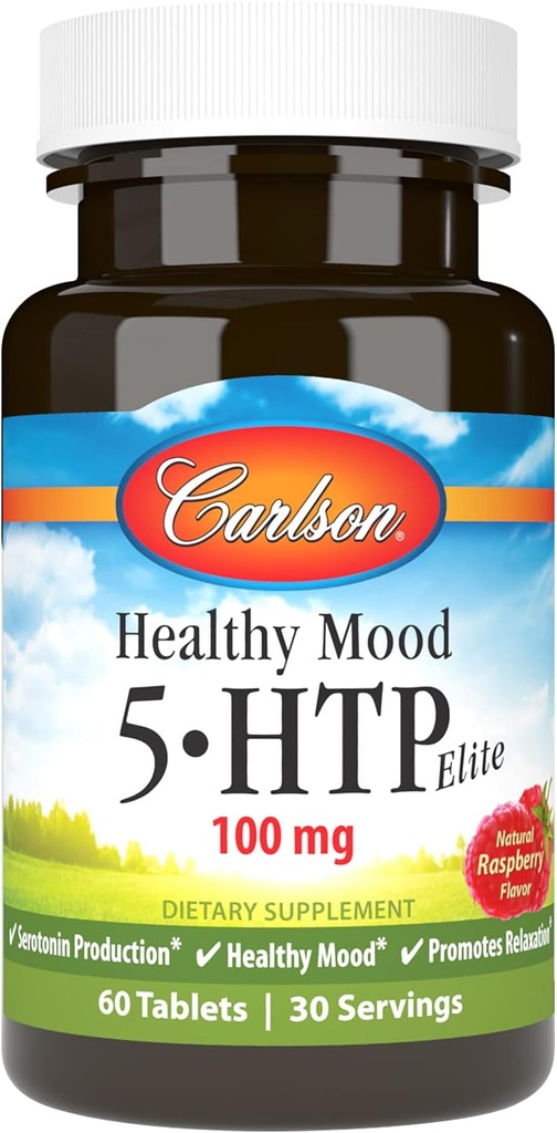 Carlson Sağlıklı Mood 5-HTP Elite 100 mg ile B6 - Mood Support & Relaxation Supplement - Raspberry Chewable - 60 Tabletler
