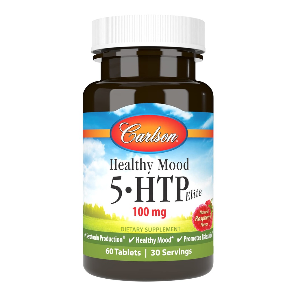 Carlson Sağlıklı Mood 5-HTP Elite 100 mg ile B6 - Mood Support & Relaxation Supplement - Raspberry Chewable - 60 Tabletler