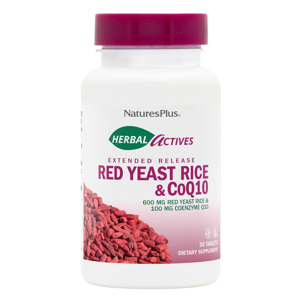 NaturesPlus Herbal Actives Red Yeast Rice 600mg & CoQ10 100mg, Extended Release - 30 Vegan Tablets - Μέγιστο συμπλήρωμα ισχύος, Αντιοξειδωτικό - Χορτοφαγικά, Χωρίς γλουτένη - 30 Σερβιέτες
