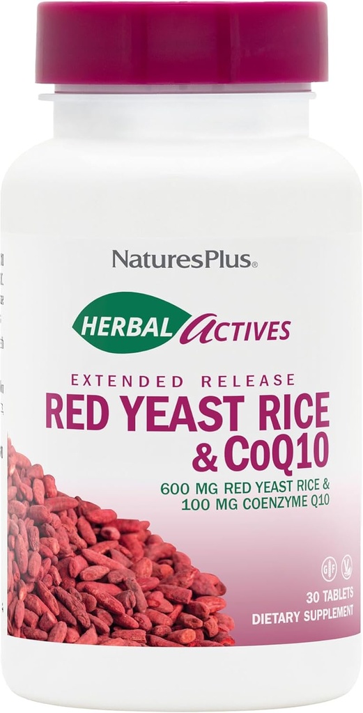 NaturesPlus Herbal Actives Red Yeast Rice 600mg & CoQ10 100mg, Extended Release - 30 Vegan Tablets - Μέγιστο συμπλήρωμα ισχύος, Αντιοξειδωτικό - Χορτοφαγικά, Χωρίς γλουτένη - 30 Σερβιέτες
