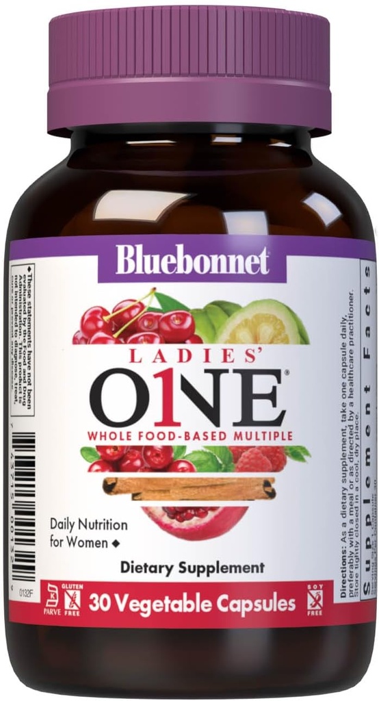 Bluebonnet Nutrition Ladies One Organic Vegetable Capsule, Whole Food Multiple, K2, Energy, Vitality, Non-GMO, Gluten, Soy & Milk Free, Kosher, 1 Month Supply, Light Grey, 30 Count