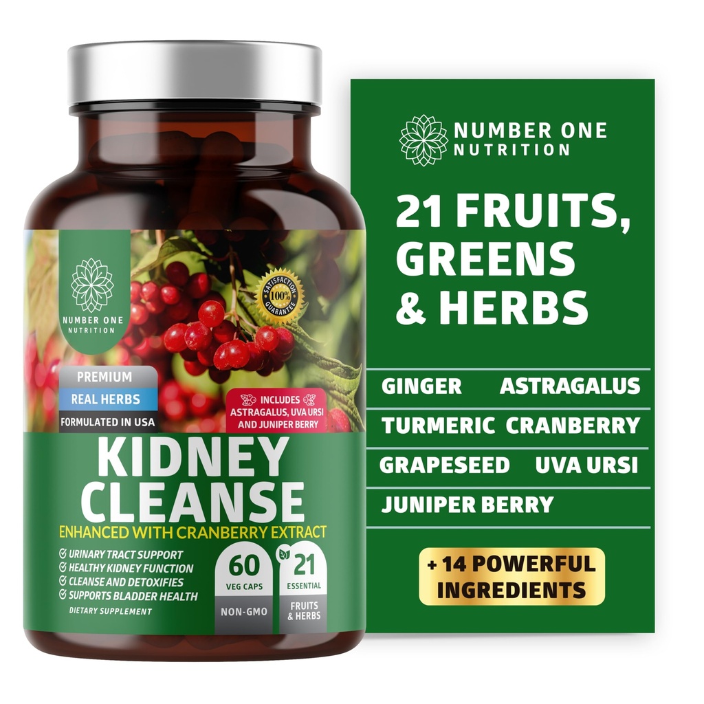 N1N Premium Kidney Cleanse [21 Potent Herbs] Urinary Tract & Bladder Control, Natural Kidney Cranberry Extract, Astragalus ve Uva Ursi Leaf, 60 Veg Caps