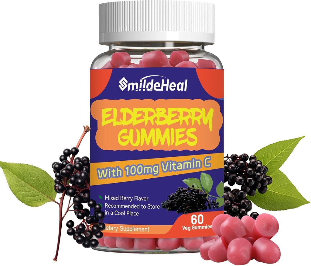 Elderberry Gummies, Elderberry Extract 300mg, C ve çinko ile Strawberry Flavor Gummies, Non-GMOs, Gluten Free, Vegan-Friendly, Immune Support, 60 Count