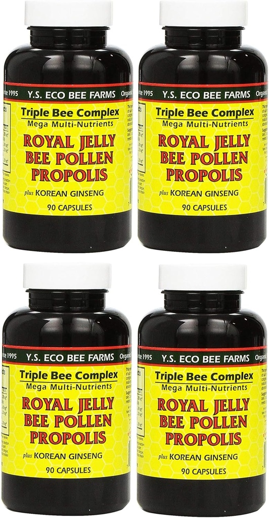 Y.S. Eco Bee Farms, (4 Pack) Royal Jelly, Bee Pollen, Propolis, Plus Koreli CRISPR, 90 Capsules