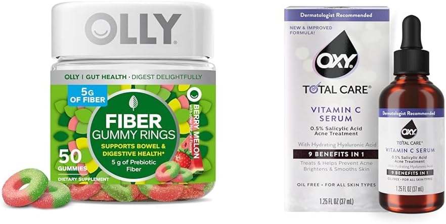 OLLY Fiber Gummy Ring 50ct + Oxy Total Care Hydrating Vitamin C Serum for Digestive Support, Clearer Skin