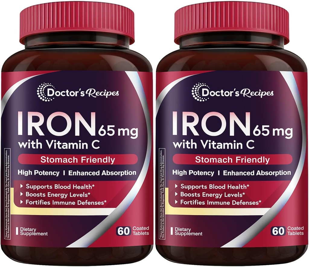 Doctor's Recipes Iron Supplement 65 mg with Vitamin C - Μεγιστοποιημένη Απορρόφηση & Στομάχι Φιλικά Χάπια σιδήρου για Red Blood Cells Σχηματισμός, καρδιά, εγκέφαλος & ανοσία Υγεία - Vegan 120 Tabs (Pack of 2)
