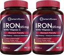 Doctor's Recipes Iron Supplement 65 mg with Vitamin C - Μεγιστοποιημένη Απορρόφηση & Στομάχι Φιλικά Χάπια σιδήρου για Red Blood Cells Σχηματισμός, καρδιά, εγκέφαλος & ανοσία Υγεία - Vegan 120 Tabs (Pack of 2)