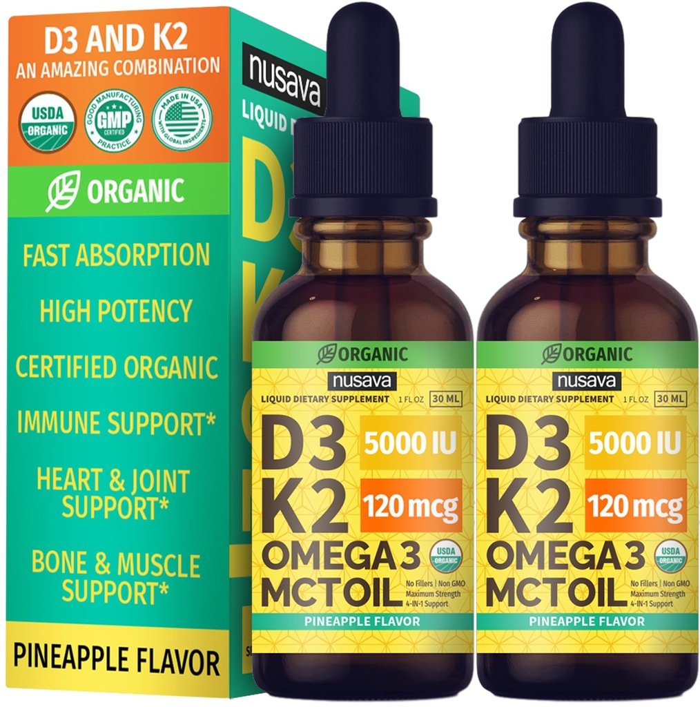 (2 Pack) Organik Vitamin D3 K2 MCT Oil Omega 3, En Güçlü Vitamin D Sıvı 5000 IU, No Fillers, Non-GMO Liquid D3 for Faster Abpole and Immune Support (Pineapple, 2 Fl Oz)