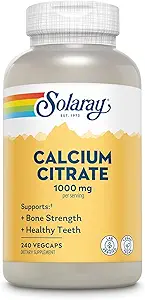 Solaray Calcium Citrate 1000mg - Chelated Calcium Supplement - Υποστηρίζει τη δύναμη των οστών και υγιή δόντια - Εύκολη στην πέψη - 60 ημερών εγγύηση, Vegan - 60 εξυπηρετούν, 240 VegCaps