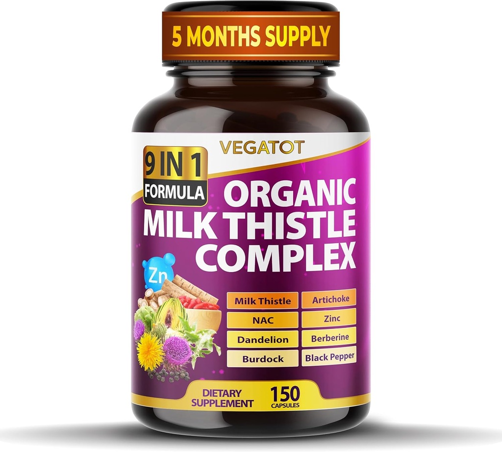 VEGATOT Organik Süt Butle Kompleksi 9 ile 1 Formula - Süt Butle Artichoke NAC Çinko Dandelion Berberine Burdock Black Pepper (150 Kont)