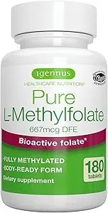 Igennus Pure Methyl Folate 400 mcg, 180 δισκία, Clean Label, μεθυλιωμένη μορφή φολικό οξύ 5- MTHF (Vitamin B9), Vegan, Κατάλληλο για εγκυμοσύνη, 1-a-Day, 6 μήνες προμήθεια