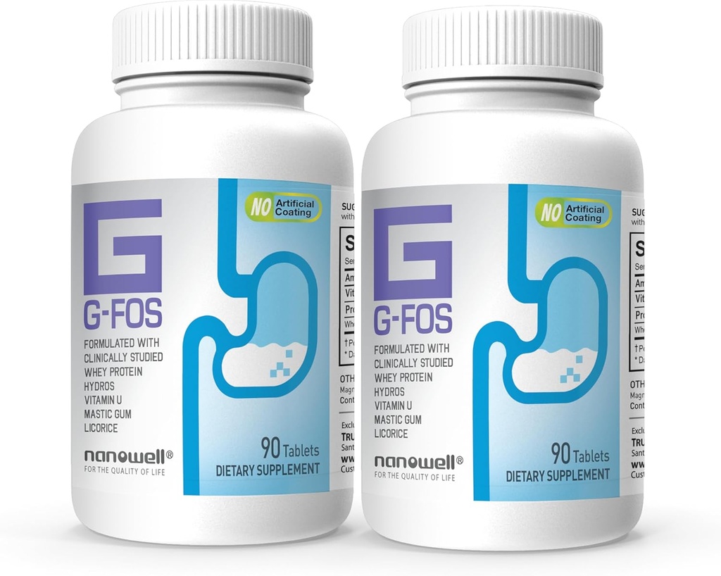 NANOWELL G- FOS Digestive Health Supplement, Βιταμίνη U - 90 δισκία X 2 φιάλες για 2 μήνες (180 Count)