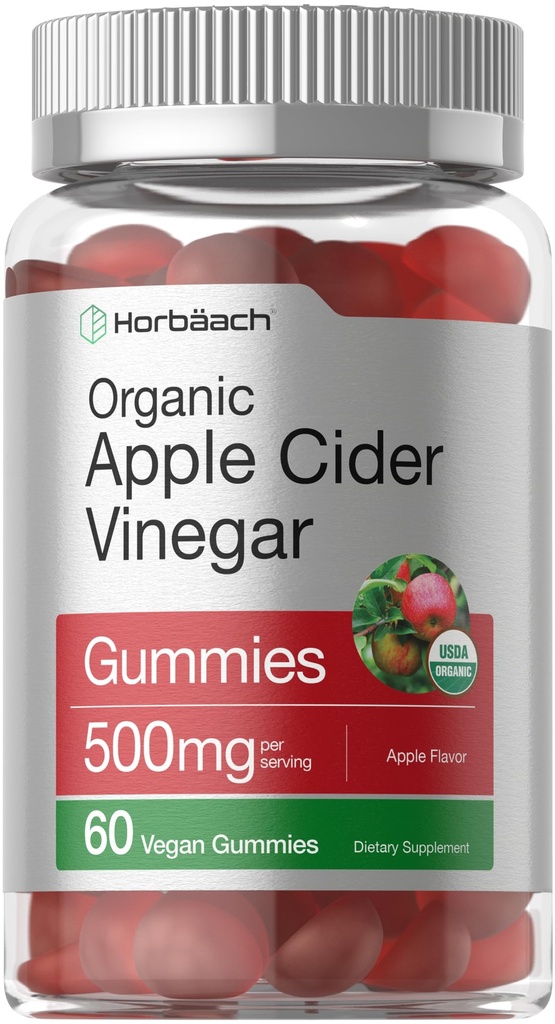 Horbäach Organik Apple Cider Vinegar Gummies | 60 Gummies | Vegan, Non-GMO & Gluten-Free Supplement | USDA Organic ACV | Apple Flavor