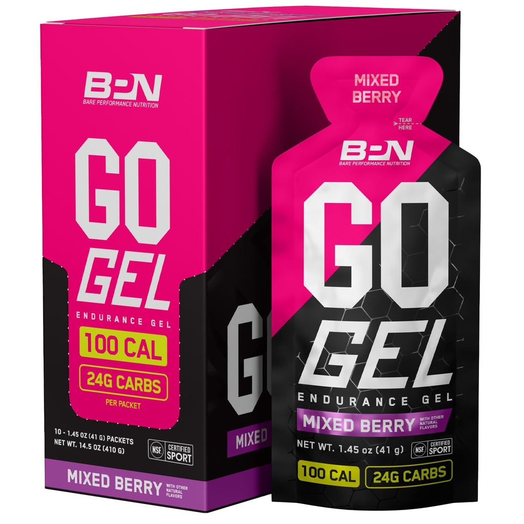 BARE PERFORMANCE NUTRITION, BPN Go Gel Endurance, 24g of Carbohidrats & 100 Calories per Pack, Vegan + Gluten Free Run Gel, 10 Single-Serving Packs, karma Berry