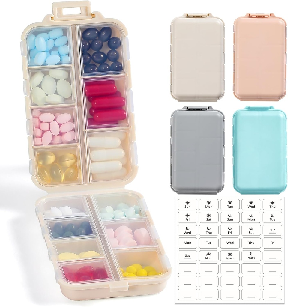 4 Συσκευασία, 14 GRIDS Travel Pill Organizer Box with Labels - Travel Medicine Case Kit - Pocket Daily Pharmacy Container - Travel Medication Holder Dispenser for Fish Oil Vitamin Supplement Storage