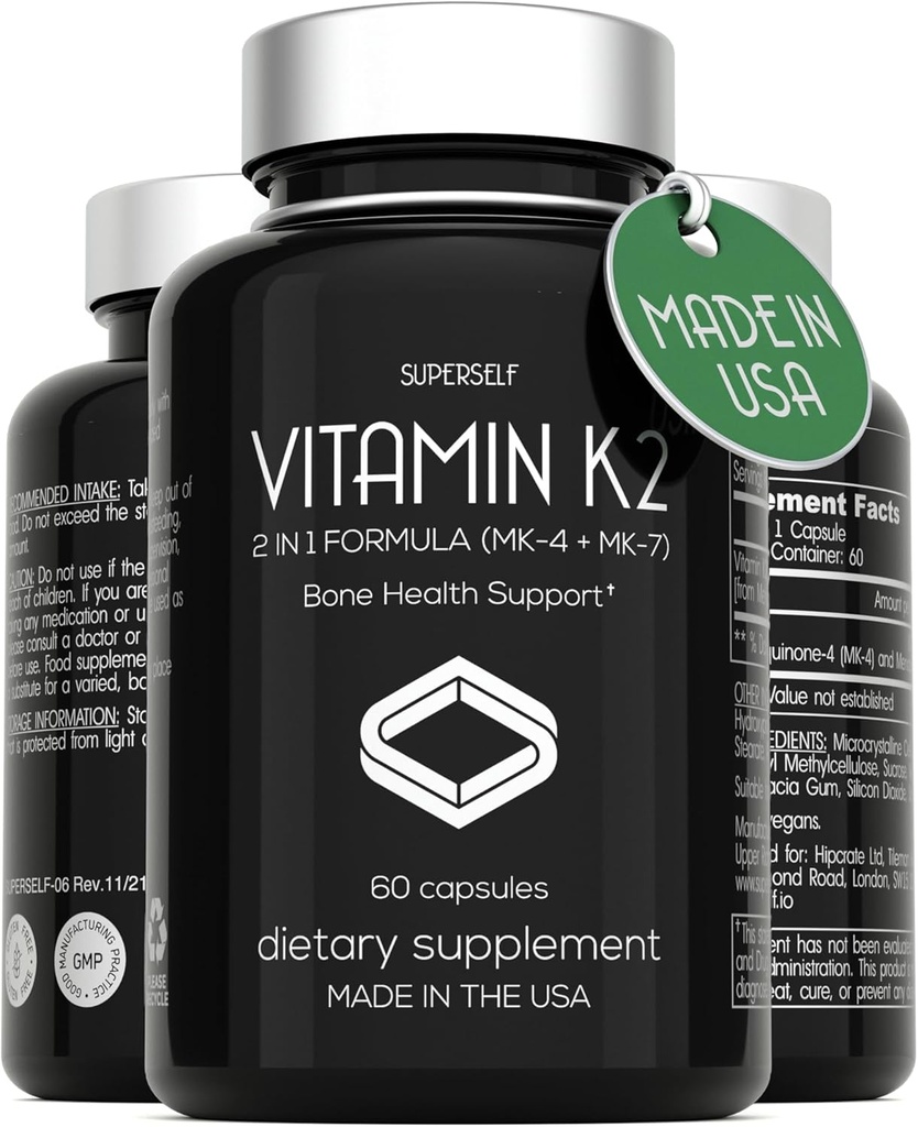 Βιταμίνη K2 Κάψουλες 100 mcg - Βιταμίνη K Complex MK-7 & MK-4-60 Κάψουλες - VIT K2 2 σε 1 Φόρμουλα υψηλής αντοχής MK7 MK4 - Made in USA - Vegan & Non-GMO