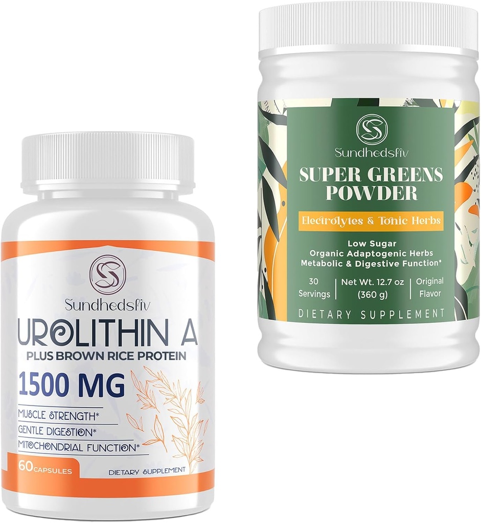 Urolithin ένα συμπλήρωμα 1500MG Plus Brown πρωτεΐνη ρυζιού + Super Greens σκόνη Superfood συμπλήρωμα με ηλεκτρολύτες & τονωτικά βότανα