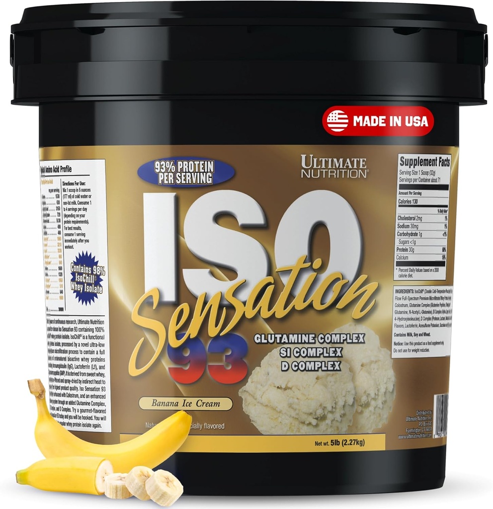 Ultimate Nutrition Whey Protein Isolate Toz Glutamine Kompleksi, ISO Sensation 93 - Whey Protein Tozu Gelişmiş Kurtarma için Eklenmiş Colostrum, Immunity & Gut Health - Banana, 5lbs
