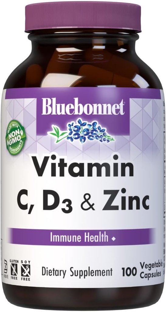 Bluebonnet Beslenme Vitamin C, D3 & çinko, Immune Health and Respiratory Function*, Soy-Free, Gluten-Free, Non-GMO, Kosher sertifikalı, Süt-Free, 100 Sebze Capsules, 100 Hizmet