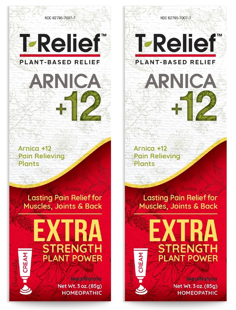 MediNatura T-Relif Extra Strength Cream Arnica +12 Natural Relieving Actives for Back Pain Joreness Muscle Aches & Stiffness, Whole Body Fast Acting Relief for Women & Men - 3 oz (2 Pack)