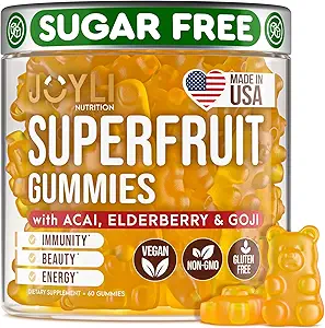 Joyli Superfruit Gummies - Sugar-Free Fruit Multivitamin Gummies for Adults - Natural Gummy Vitamins for Women & Men with Goji, Elderberry, Vitamins A, C, D & E - Supports Immunity, Digestion & Energy