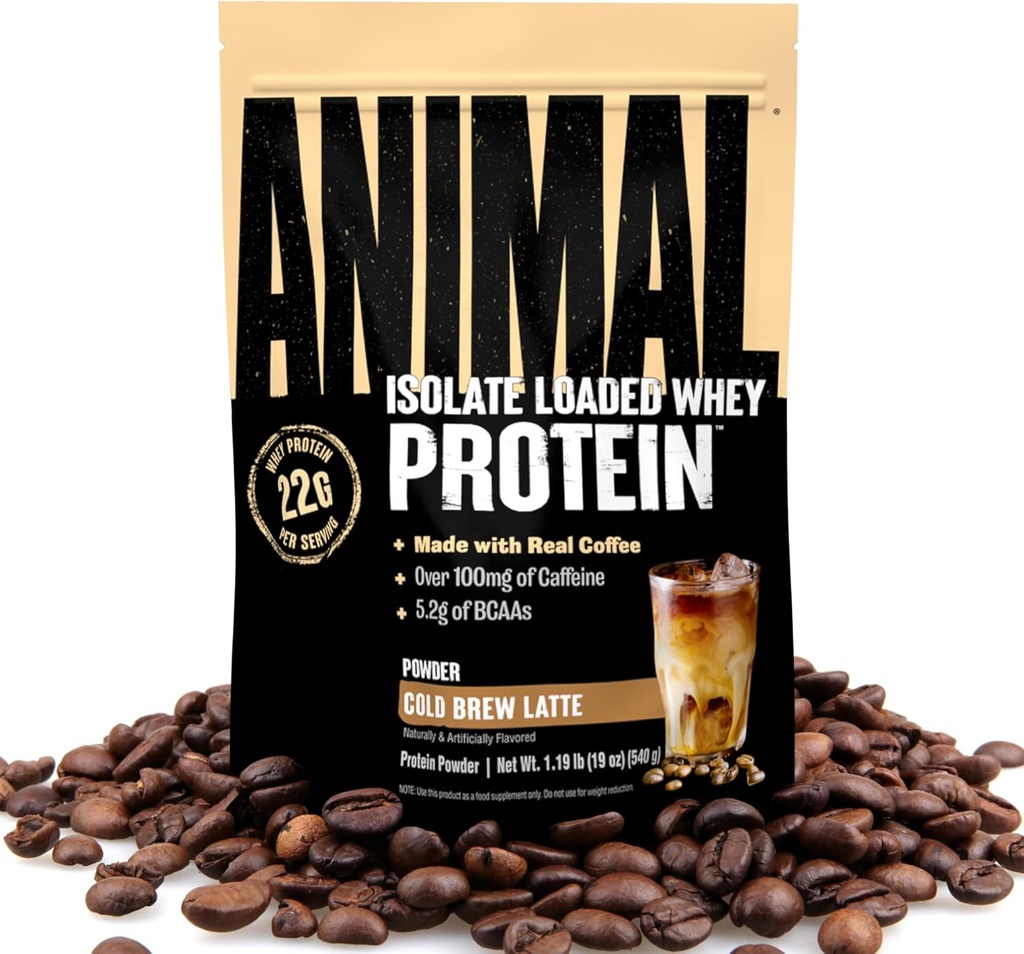 Animal Whey protein Kahve Tozu, 22g ile boşaltıldı, Caffeine 100 mg ve BCAAs for Pre & Post Workout Muscle Builder Recovery with Digestive Enzymes for Men & Women, Cold Brew Latte, 1 lb